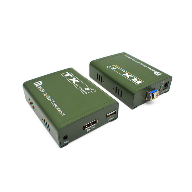 3 interfaces de TX&nbsp;: entr&eacute;e audio, entr&eacute;e dp et entr&eacute;e kvm. Et le RX dispose de 1 port fibre, 3 indicateurs et 1 port d'alimentation. 
